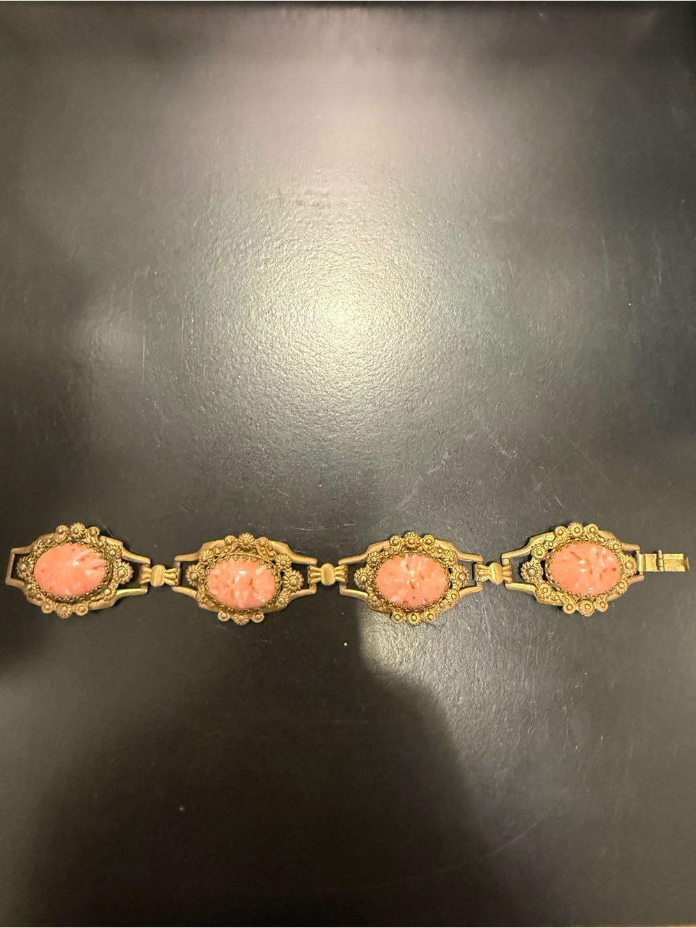 Vintage Karu Fifth Ave Gold Tone Bracelet with Pink Cabochon Stones